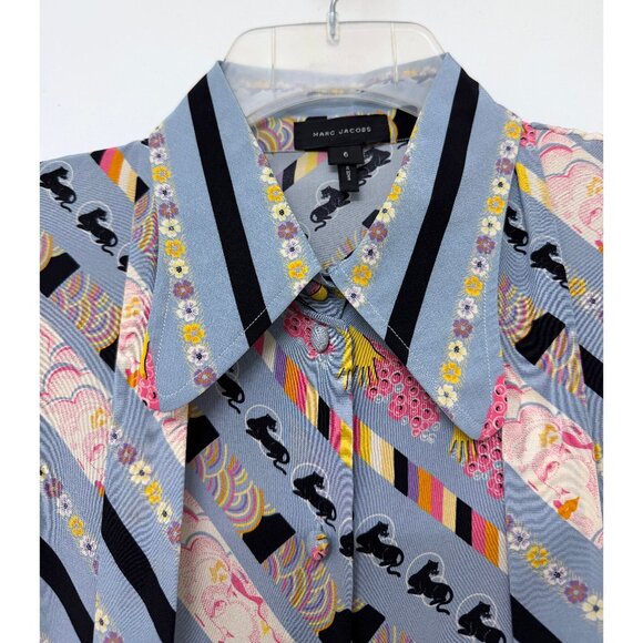 Marc Jacobs Tie Neck Bishop Sleeve Blouse Silk Top Emoji Blue Pastel Stripe 6 - Picture 5 of 16
